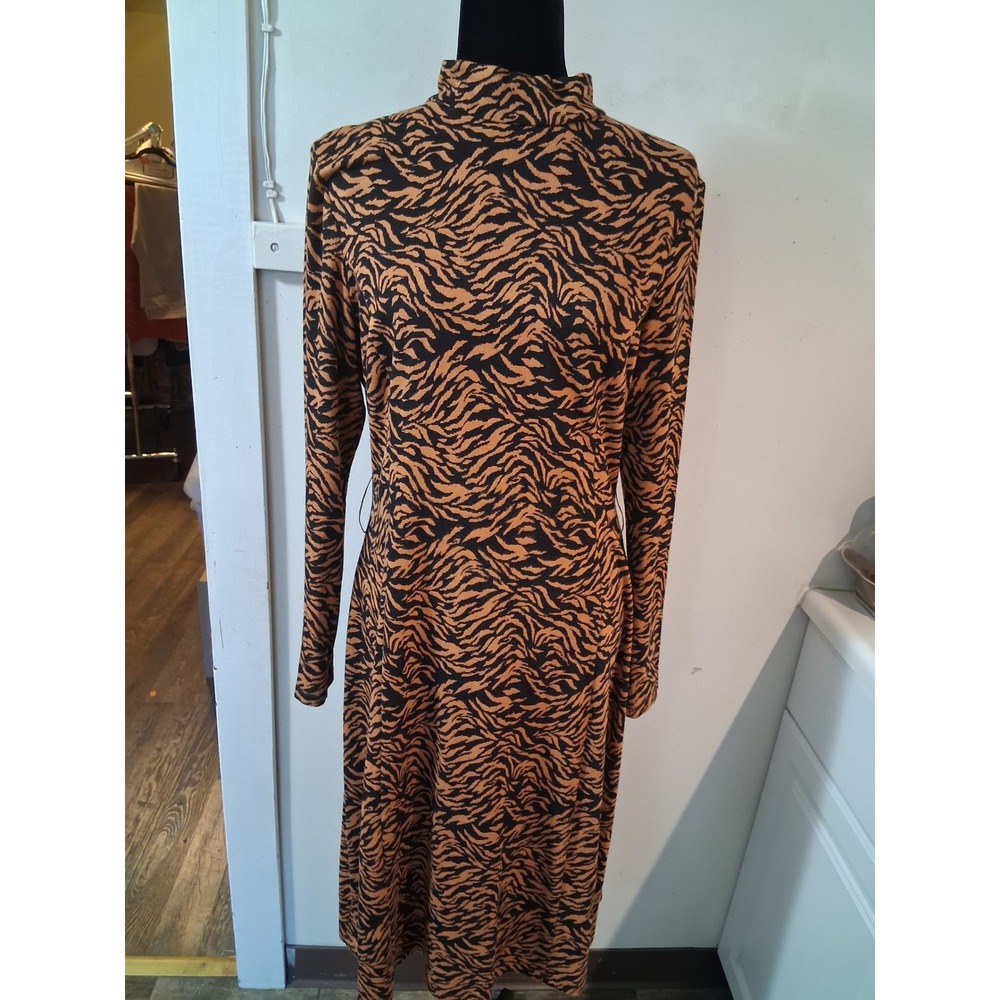Melanie Lyne Brown Black Tiger Print Mock Neck Knit Midi Dress Womens 10